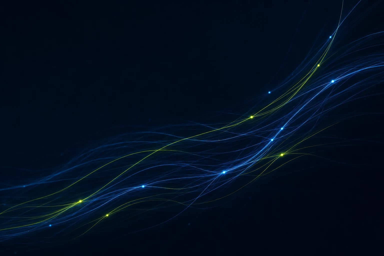 Blue and lime connected lines moving through a midnight field