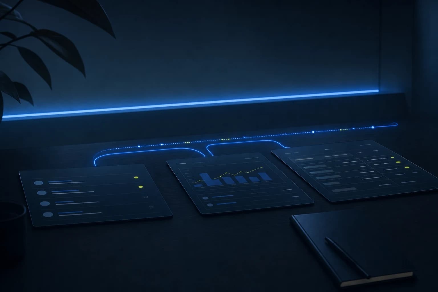 A dark connected workspace representing tasks moving between operating systems